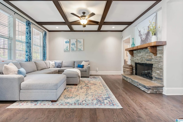13147 Allison Dr, Lake View, AL 35111 - living area with baseboards, a ceiling fan, beam ceiling, coffered ceiling, and wood finished floors