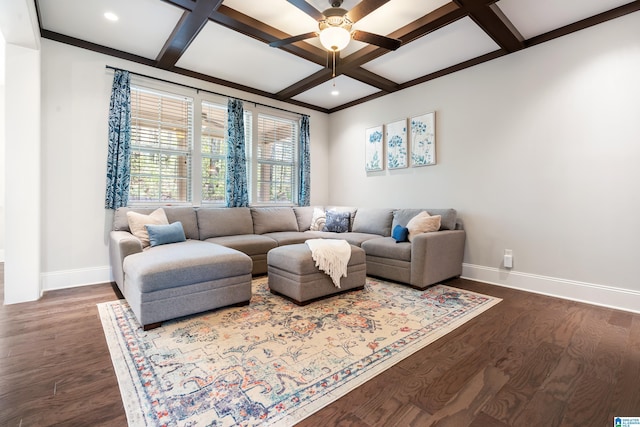 13147 Allison Dr, Lake View, AL 35111 - living room featuring beamed ceiling, ceiling fan, dark wood finished floors, coffered ceiling, and baseboards