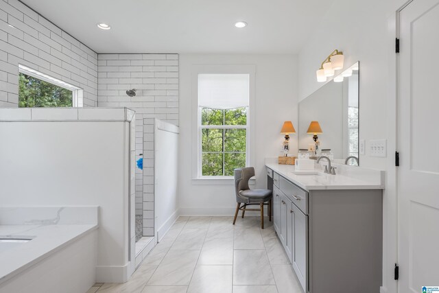 2505 Shore Side Ln, Sylacauga, AL 35151 - bathroom featuring vanity, baseboards, recessed lighting, and walk in shower
