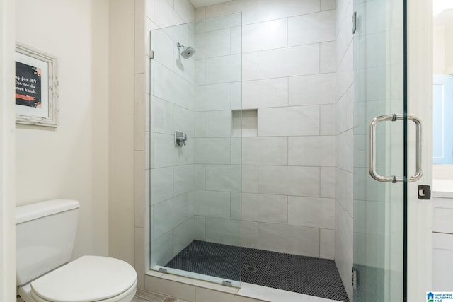 full bathroom with a shower stall and toilet
