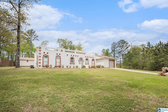 16 Eagle Rock Dr, Alabaster, AL 35007 - mediterranean / spanish home featuring an attached garage, central air condition unit, a front lawn, stucco siding, and driveway