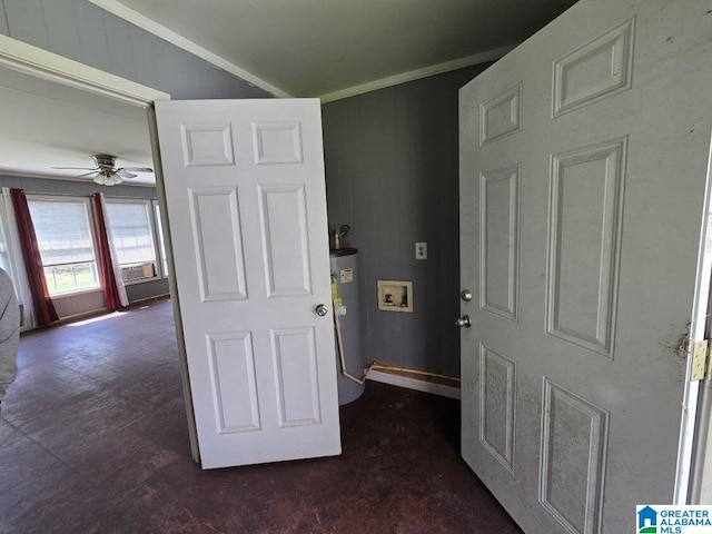 interior space with water heater and ornamental molding