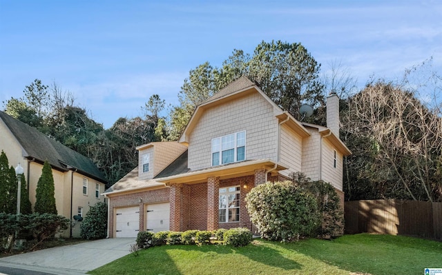 view of front of house featuring a front yard, a chimney, fence, concrete driveway, and brick siding