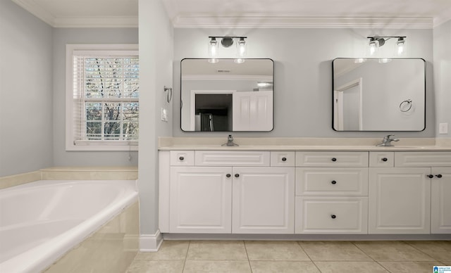 bathroom featuring a sink, double vanity, tile patterned floors, crown molding, and a garden tub