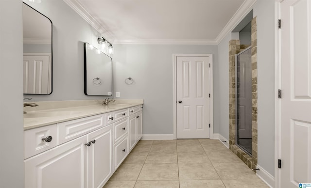 bathroom with a stall shower, ornamental molding, a sink, and tile patterned flooring