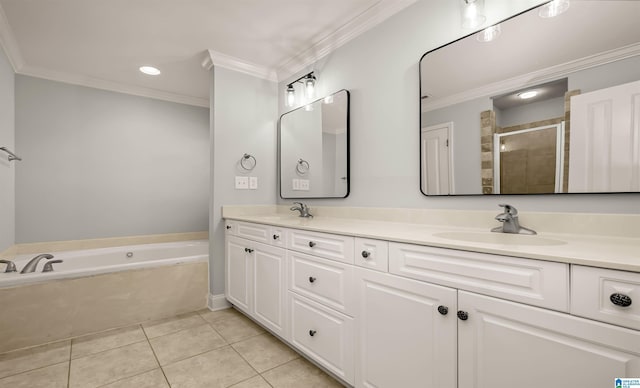 full bathroom with a sink, ornamental molding, double vanity, tile patterned floors, and a stall shower