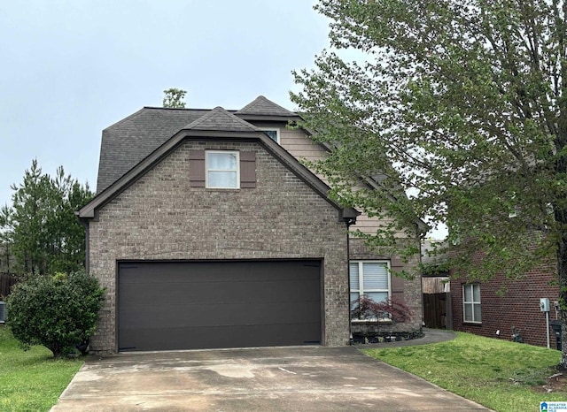 view of front of home featuring driveway, a shingled roof, an attached garage, cooling unit, and brick siding