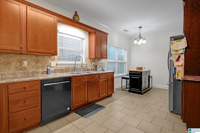 kitchen with a sink, a chandelier, black dishwasher, decorative backsplash, and crown molding