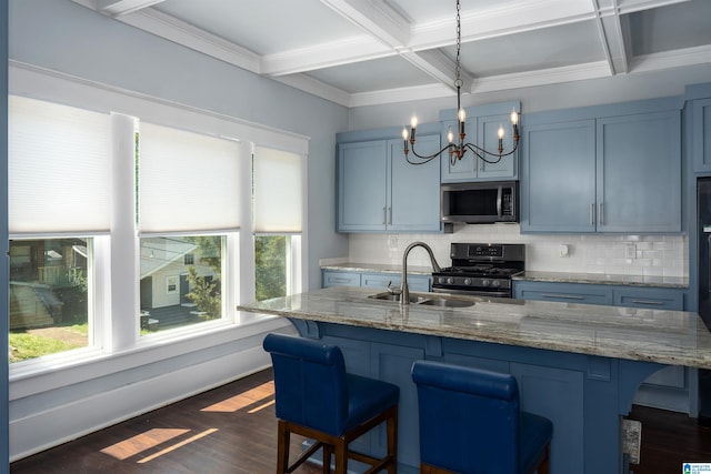 1730 Cullom St S, Birmingham, AL 35205 - kitchen featuring stainless steel microwave, tasteful backsplash, gas range, coffered ceiling, and a sink