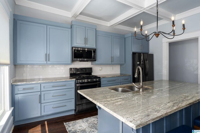 1730 Cullom St S, Birmingham, AL 35205 - kitchen featuring a sink, stainless steel appliances, dark wood-type flooring, coffered ceiling, and blue cabinets