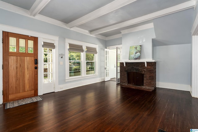 1730 Cullom St S, Birmingham, AL 35205 - living area with baseboards, ornamental molding, a fireplace, beamed ceiling, and wood-type flooring