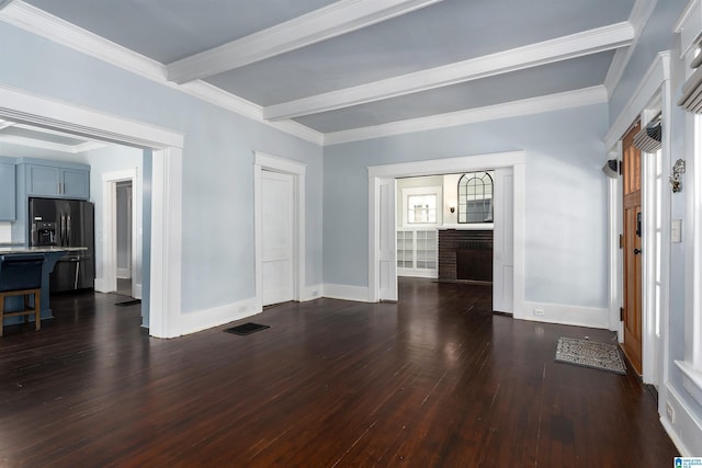 1730 Cullom St S, Birmingham, AL 35205 - living area with crown molding, beamed ceiling, dark wood-type flooring, visible vents, and baseboards
