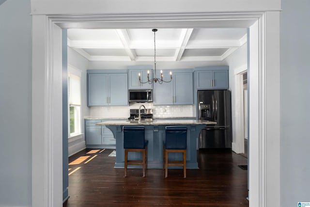 1730 Cullom St S, Birmingham, AL 35205 - kitchen featuring tasteful backsplash, dark wood-style flooring, an inviting chandelier, coffered ceiling, and stainless steel appliances