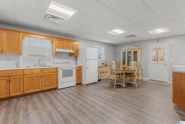 kitchen with a sink, light wood-type flooring, white appliances, and under cabinet range hood
