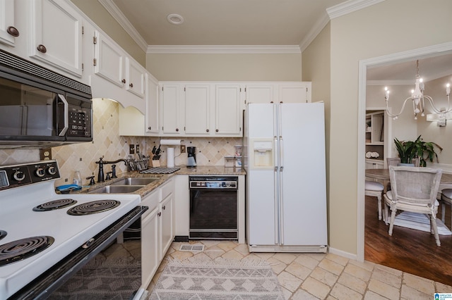 kitchen featuring ornamental molding, a chandelier, white cabinetry, black appliances, and a sink