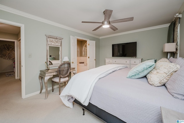 bedroom with light carpet, crown molding, a ceiling fan, and baseboards