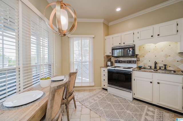 kitchen featuring crown molding, white range with electric cooktop, black microwave, tasteful backsplash, and a sink