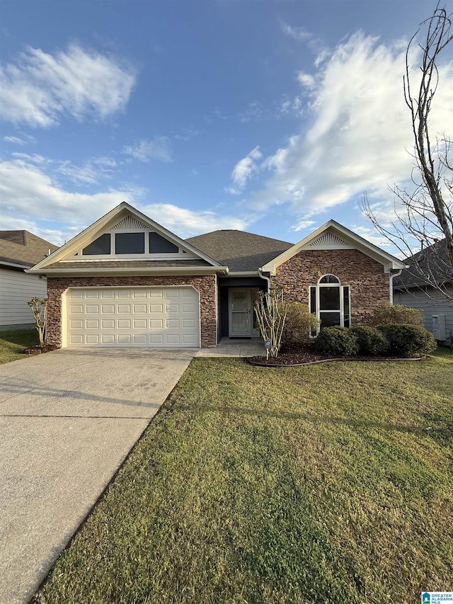 ranch-style home with a front yard, an attached garage, brick siding, and concrete driveway