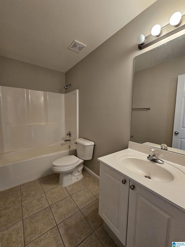 full bath featuring vanity, tile patterned floors,  shower combination, toilet, and visible vents