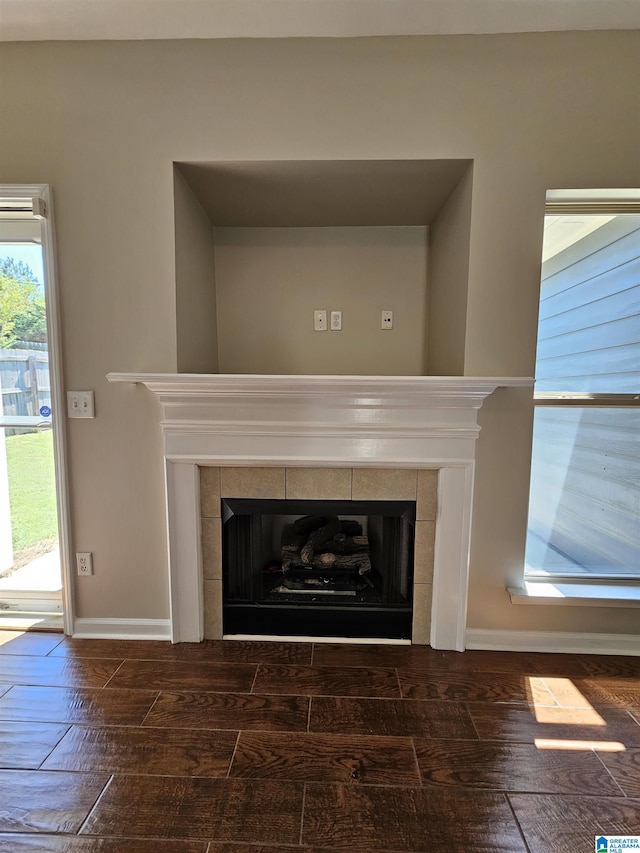 details featuring wood finished floors, a fireplace, and baseboards