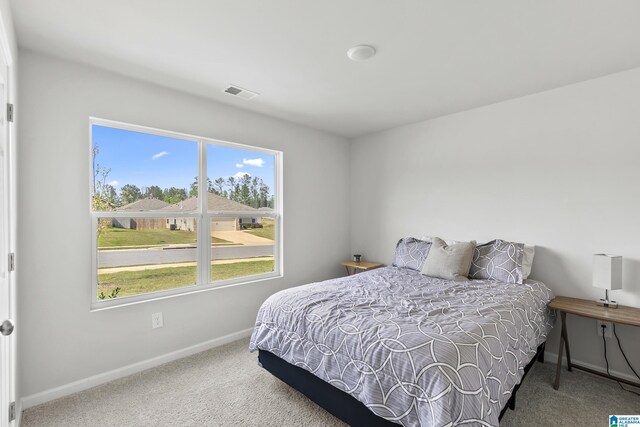 bedroom with carpet floors, visible vents, and baseboards