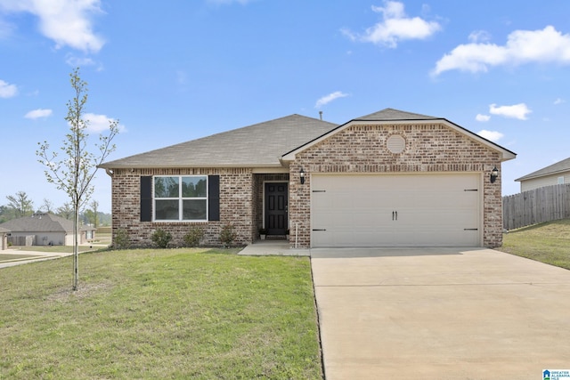 ranch-style home featuring fence, driveway, brick siding, and a garage
