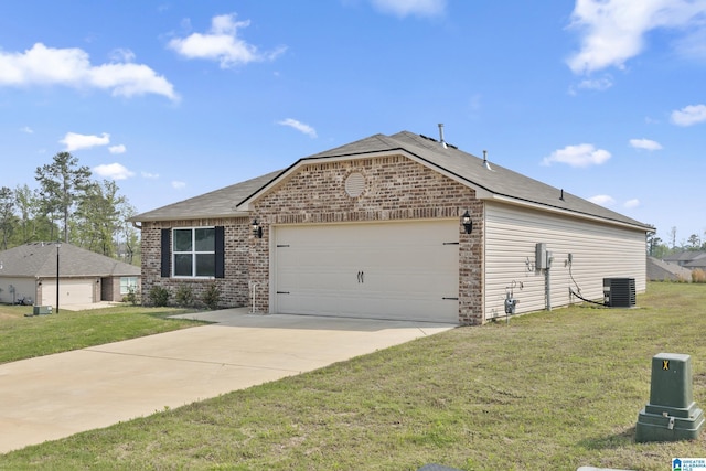 ranch-style home with an attached garage, a front lawn, brick siding, and central air condition unit
