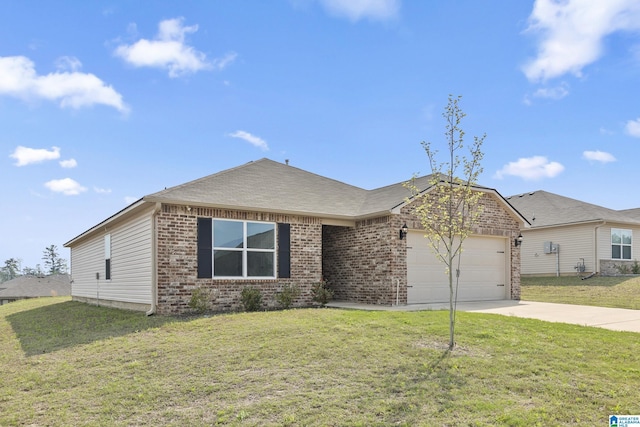 single story home with roof with shingles, a front lawn, concrete driveway, brick siding, and an attached garage