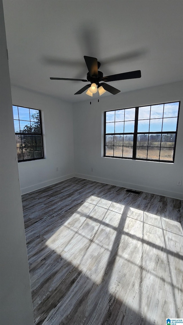 spare room featuring wood finished floors, ceiling fan, and a wealth of natural light