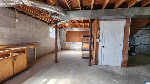 basement with concrete block wall and electric panel