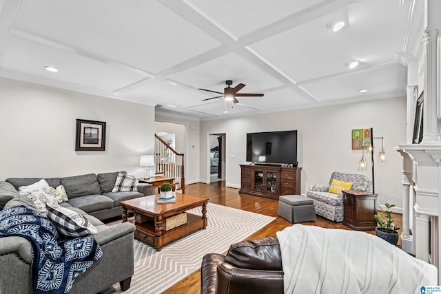 5006 Aberdeen Way, Hoover, AL 35242 - living area with a ceiling fan, coffered ceiling, wood finished floors, and stairs
