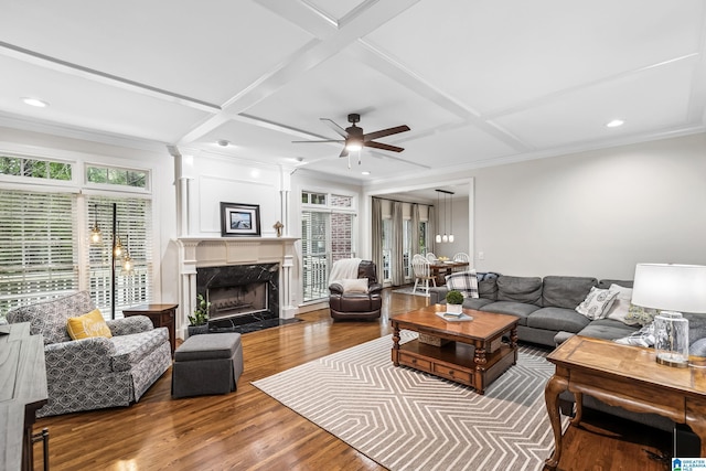 5006 Aberdeen Way, Hoover, AL 35242 - living area featuring ornamental molding, a ceiling fan, wood finished floors, coffered ceiling, and a premium fireplace