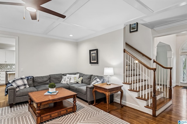5006 Aberdeen Way, Hoover, AL 35242 - living area with ornamental molding, ceiling fan, and wood finished floors