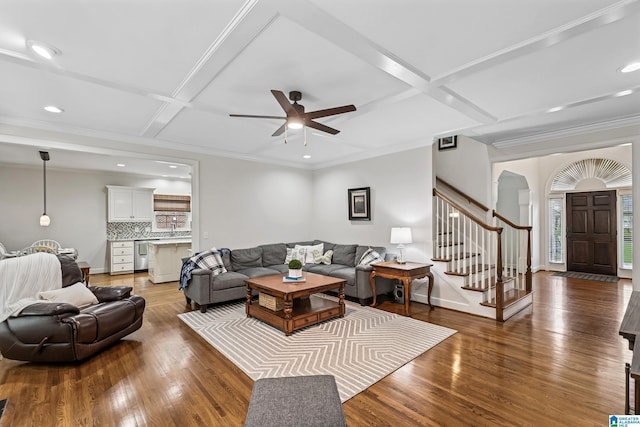 5006 Aberdeen Way, Hoover, AL 35242 - living room featuring coffered ceiling, wood-type flooring, and stairs