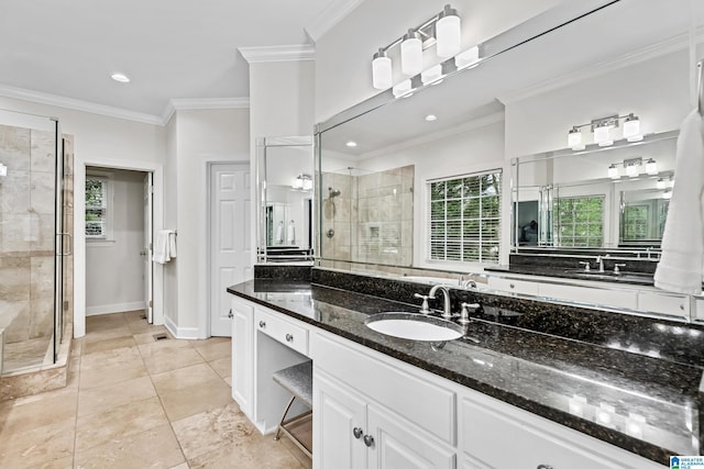 5006 Aberdeen Way, Hoover, AL 35242 - full bath featuring crown molding, vanity, baseboards, and a stall shower