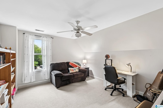 5006 Aberdeen Way, Hoover, AL 35242 - office area featuring a ceiling fan, vaulted ceiling, visible vents, carpet floors, and baseboards