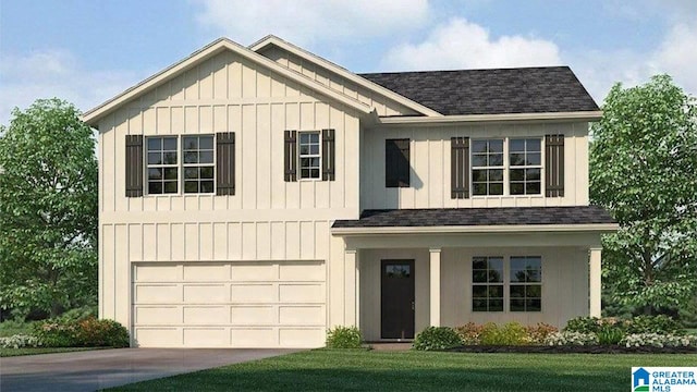 view of front of home featuring board and batten siding, a shingled roof, concrete driveway, and a garage