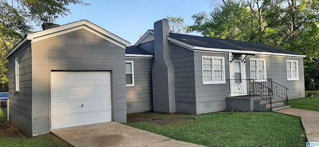 single story home featuring a front lawn, a garage, crawl space, and a chimney