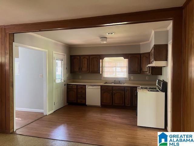 kitchen featuring white dishwasher, stove, light countertops, a sink, and under cabinet range hood