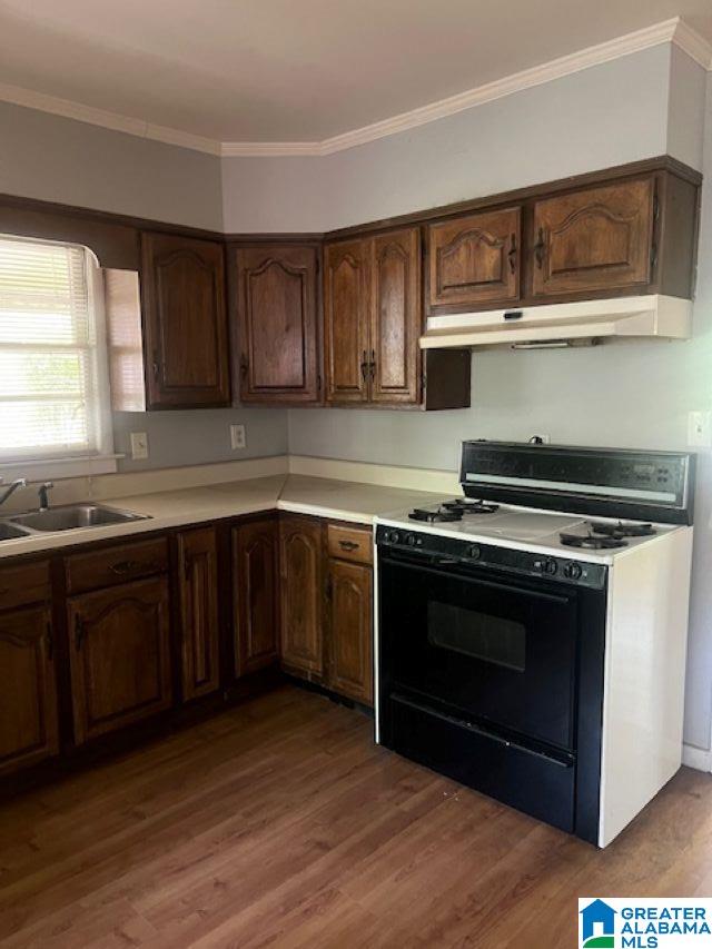 kitchen with wood finished floors, light countertops, under cabinet range hood, and range with gas cooktop