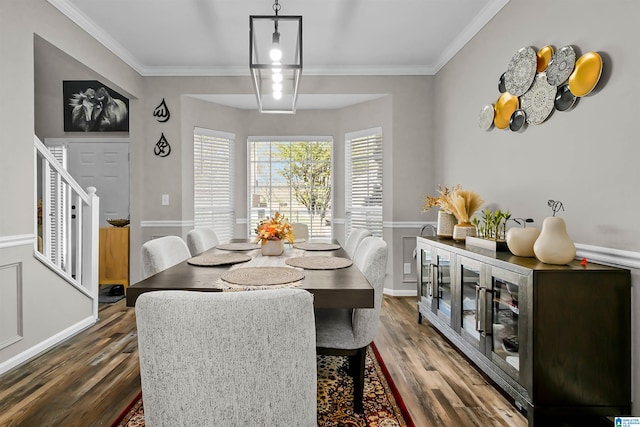 5544 Colony Ln, Hoover, AL 35226 - dining room with dark wood-type flooring, ornamental molding, and stairs