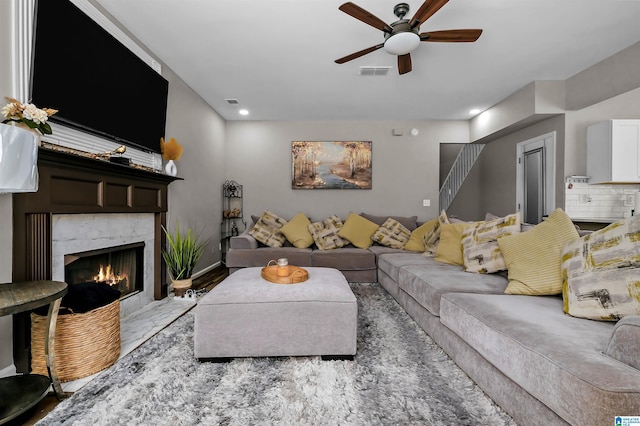 5544 Colony Ln, Hoover, AL 35226 - living room featuring baseboards, recessed lighting, a fireplace, a ceiling fan, and visible vents