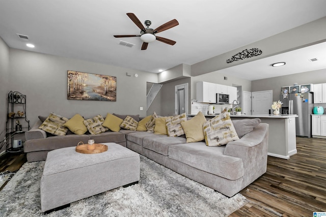 5544 Colony Ln, Hoover, AL 35226 - living area with visible vents, a ceiling fan, and dark wood-style floors