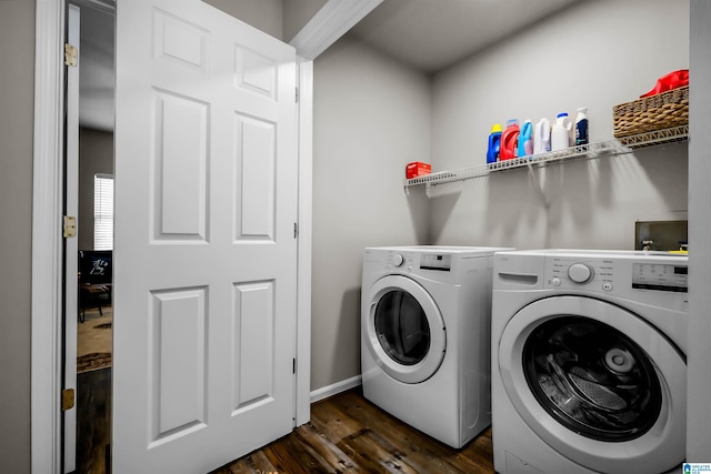 5544 Colony Ln, Hoover, AL 35226 - washroom featuring washing machine and dryer, laundry area, baseboards, and dark wood finished floors