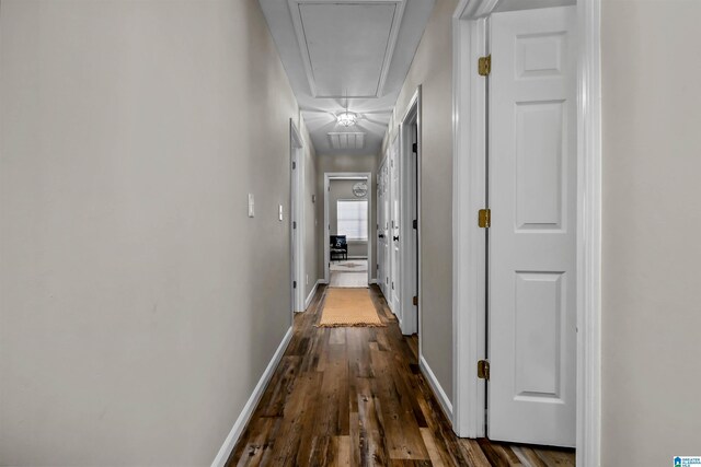 5544 Colony Ln, Hoover, AL 35226 - hall featuring attic access, baseboards, and dark wood finished floors