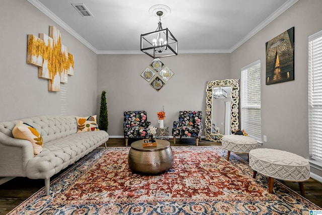 5544 Colony Ln, Hoover, AL 35226 - living room with a chandelier, visible vents, ornamental molding, and wood finished floors