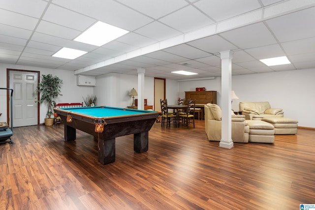 game room featuring a paneled ceiling, ornate columns, billiards, and wood finished floors