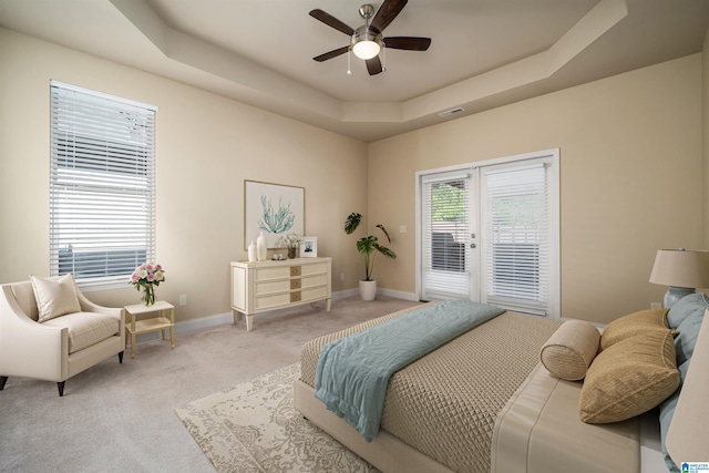 1047 Springfield Dr, Chelsea, AL 35043 - bedroom with access to outside, a raised ceiling, light carpet, baseboards, and ceiling fan