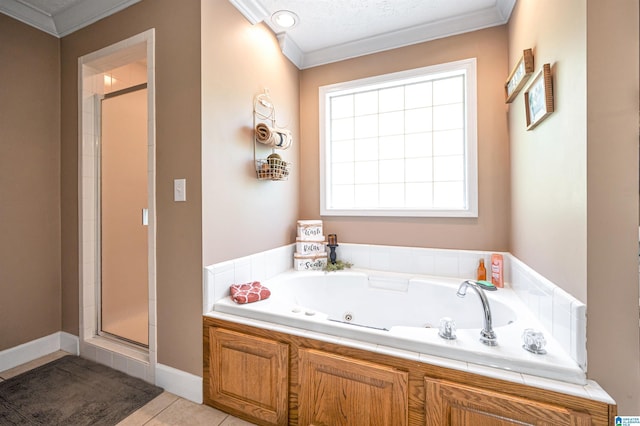 bathroom with a shower stall, ornamental molding, and a whirlpool tub
