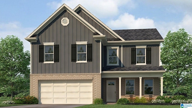 craftsman house featuring a garage, board and batten siding, concrete driveway, brick siding, and roof with shingles